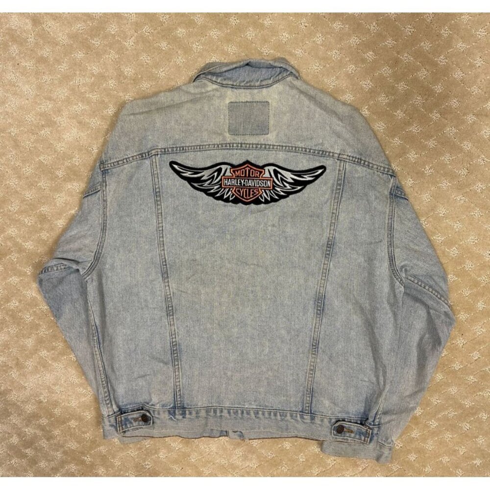 Levi's Denim Jacket Men's XL Light Wash Harley-Davidson Back Patch Biker Custom - Picture 2 of 5